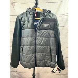Reebok‎ Mens Full Zip Puffer Jacket Charcoal Black Colorblock L/G New NWT